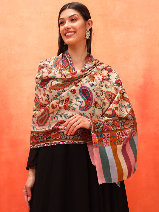 Pashmoda Women Floral Whispers 100% Pure Wool Fabric Kalamkari Embroidered Stole (Size: 71x203 cm)