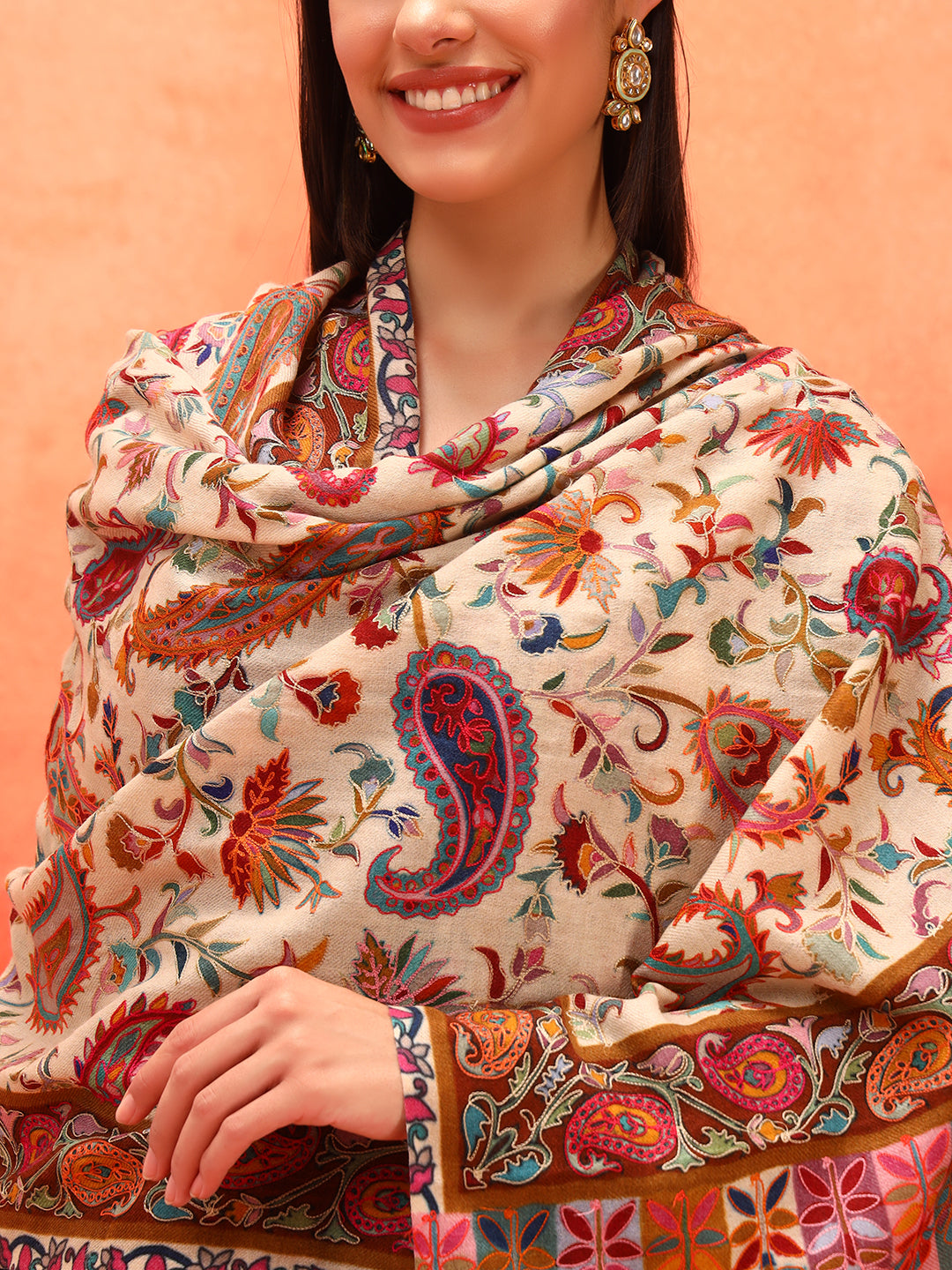 Pashmoda Women Floral Whispers 100% Pure Wool Fabric Kalamkari Embroidered Stole (Size: 71x203 cm)