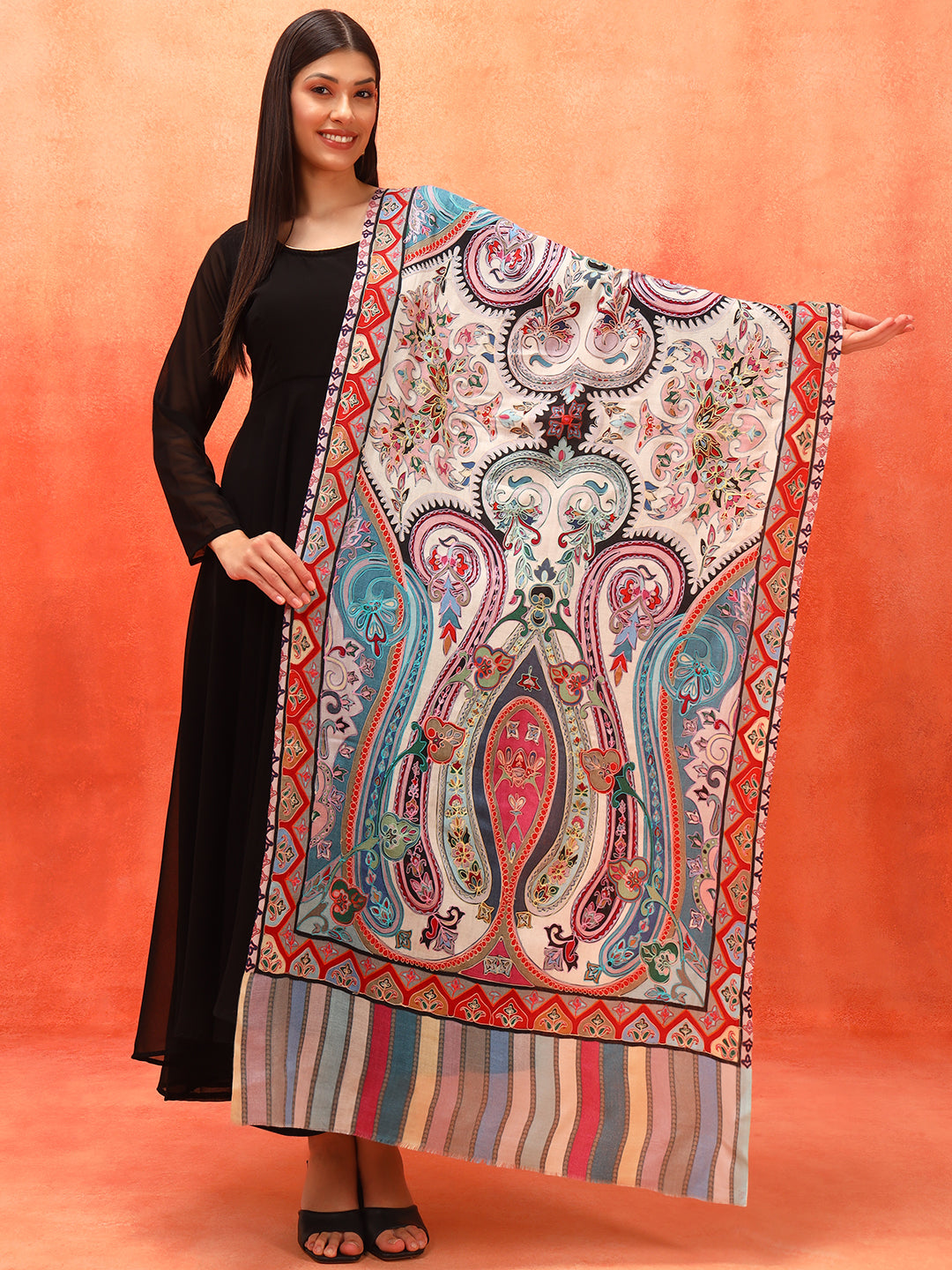 Pashmoda Women Rangdil 100% Pure Wool Fabric Kalamkari Embroidered Stole (Size-28x80in, 71x203cm)
