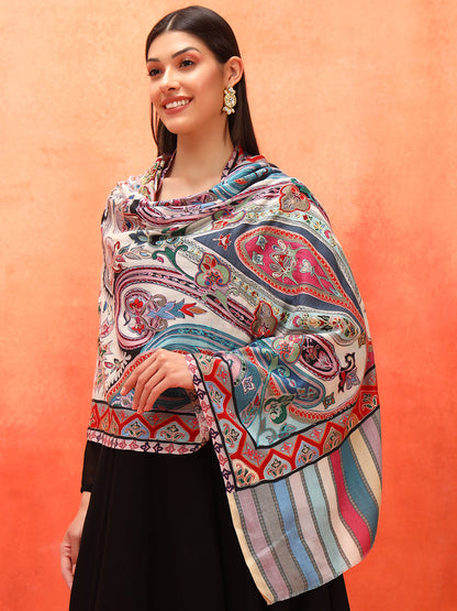 Pashmoda Women Rangdil 100% Pure Wool Fabric Kalamkari Embroidered Stole (Size-28x80in, 71x203cm)