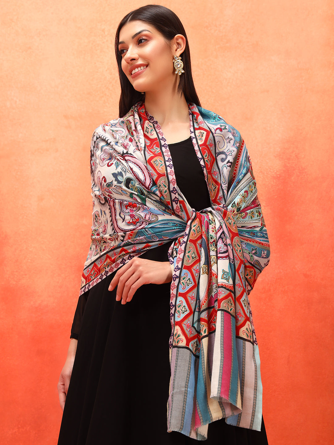 Pashmoda Women Rangdil 100% Pure Wool Fabric Kalamkari Embroidered Stole (Size-28x80in, 71x203cm)