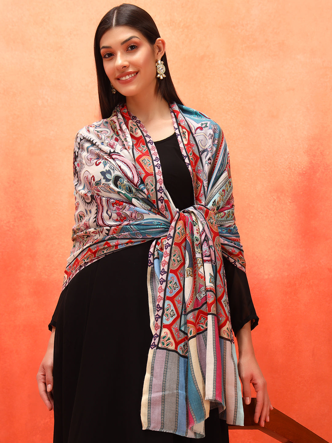 Pashmoda Women Rangdil 100% Pure Wool Fabric Kalamkari Embroidered Stole (Size-28x80in, 71x203cm)