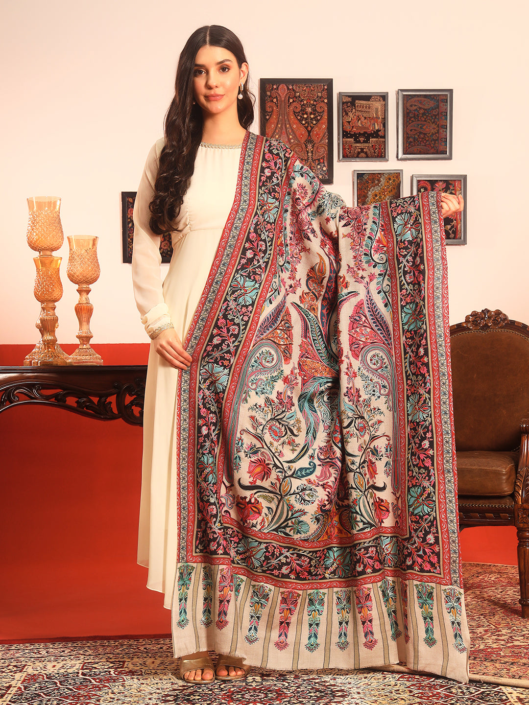 Pashmoda Women Rangkalam  100% Pure Wool Fabric Kalamkari Embroidered Shawl (Size: 101x203 CM)