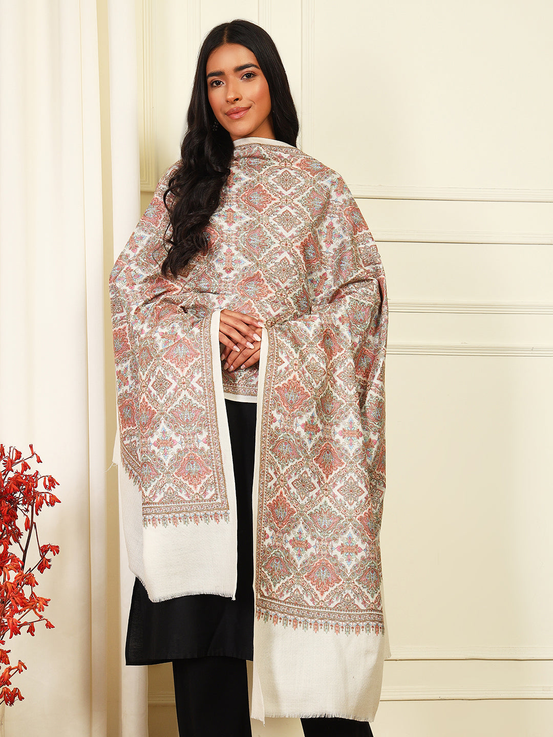 Pashmoda Womenƒ??s Zaira 100% Fine Wool Sozni Hand Embroidered Shawl (Size: 101x203 Cm)