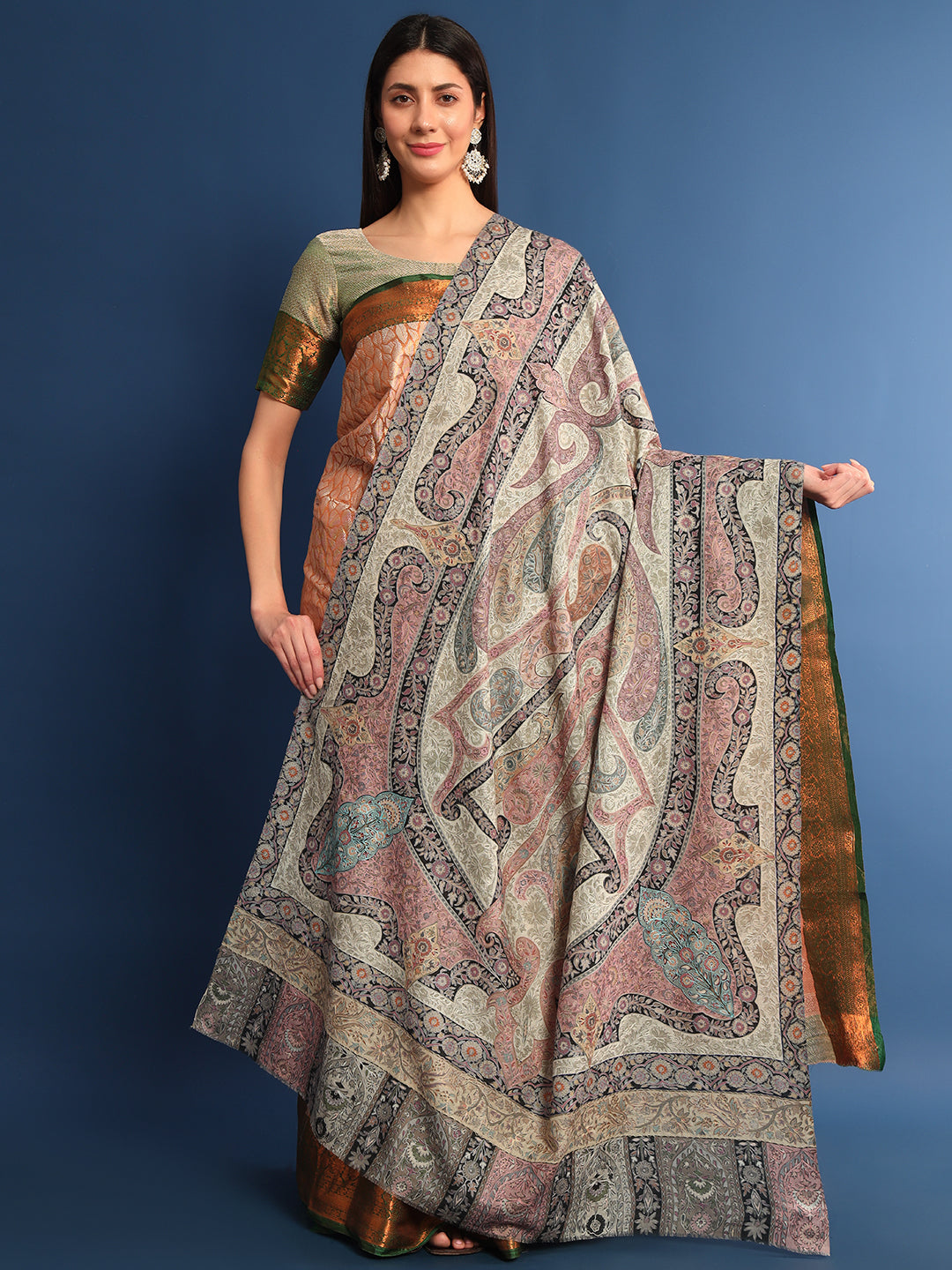Women Safa  Kalamkari Embroidered Shawl (Size: 115x230 CM)