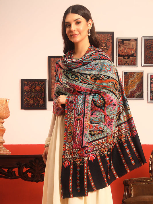 Pashmoda Women Rangrez Rangkalam  100% Pure Wool Fabric Kalamkari Embroidered Shawl (Size:101x203 cm)