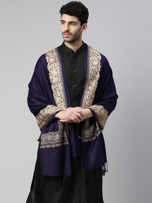 Men Zarbaft  Aari Embroidered Stole (Size : 71X203 CM, Navyblue Color)