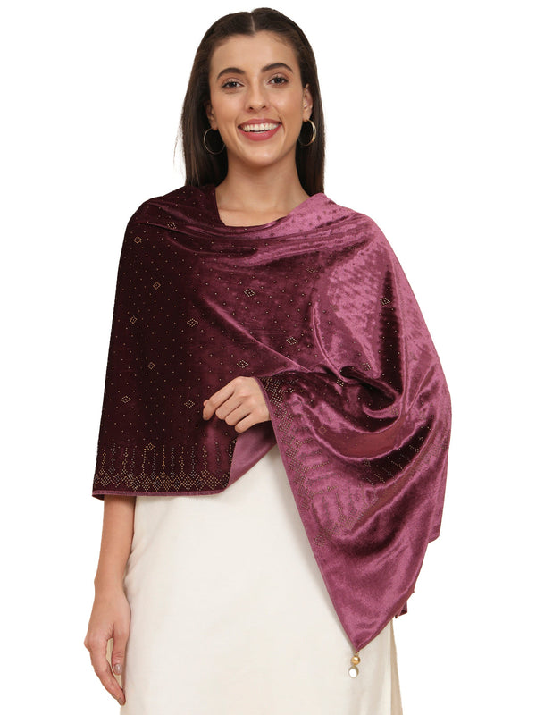 Womenƒ??s Makhamli Velvet Crystal Embellished Stole (Size 71X203 cms )