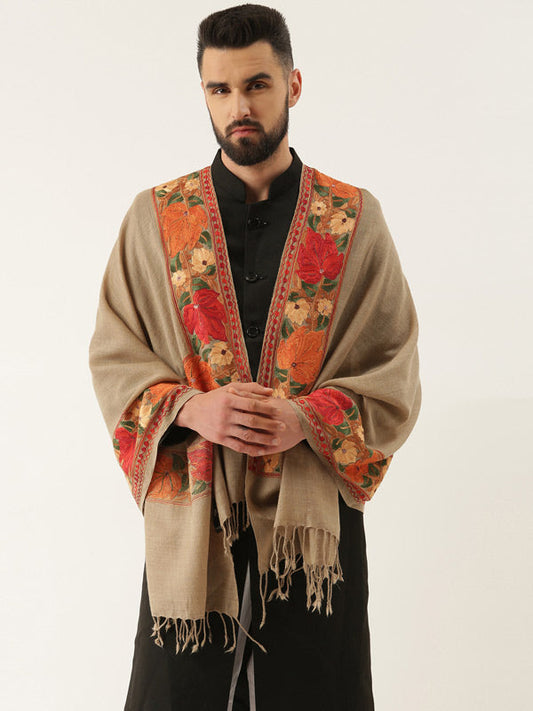 Men's Gulzar 100% Pure Wool Aari Embroidered Stole (Size: 71X203 CM, Beige Color)