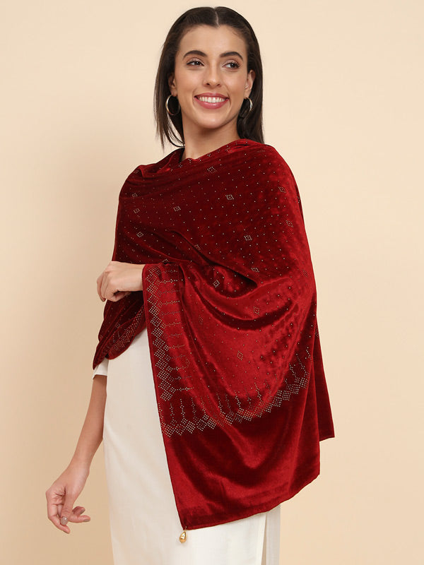 Womenƒ??s Makhamli Velvet Crystal Embellished Stole (Size 71X203 cms )