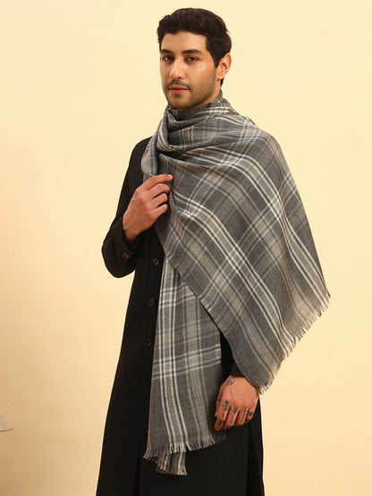 His and Her Gift Set of 100% Pure Wool Check Stole and Zari Stole With Wooden Gift Box