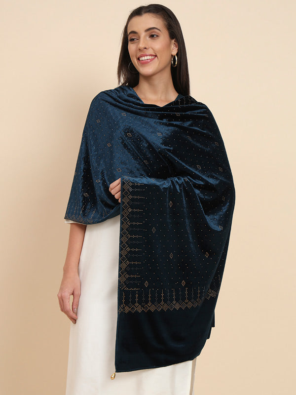 Womenƒ??s Makhamli Velvet Crystal Embellished Stole (Size 71X203 cms )