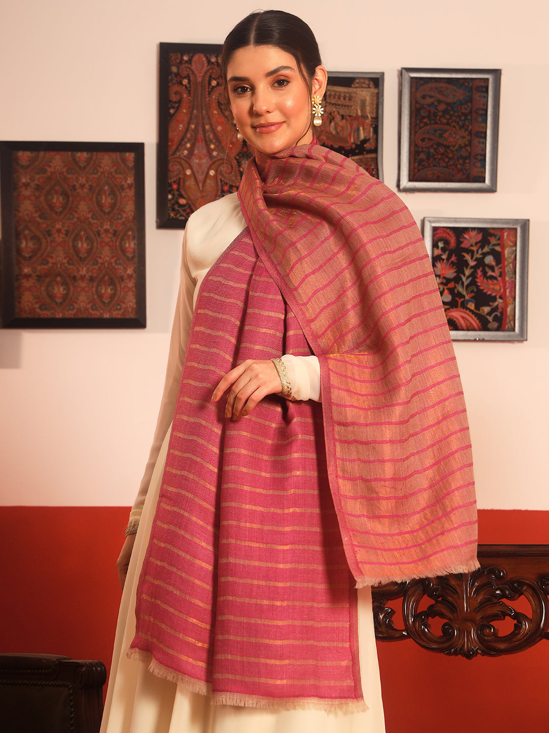 Pashmoda Women Golden Mirage Reversible Zari Moonlight Fine Wool Stole (Size: 71x203 Cm)