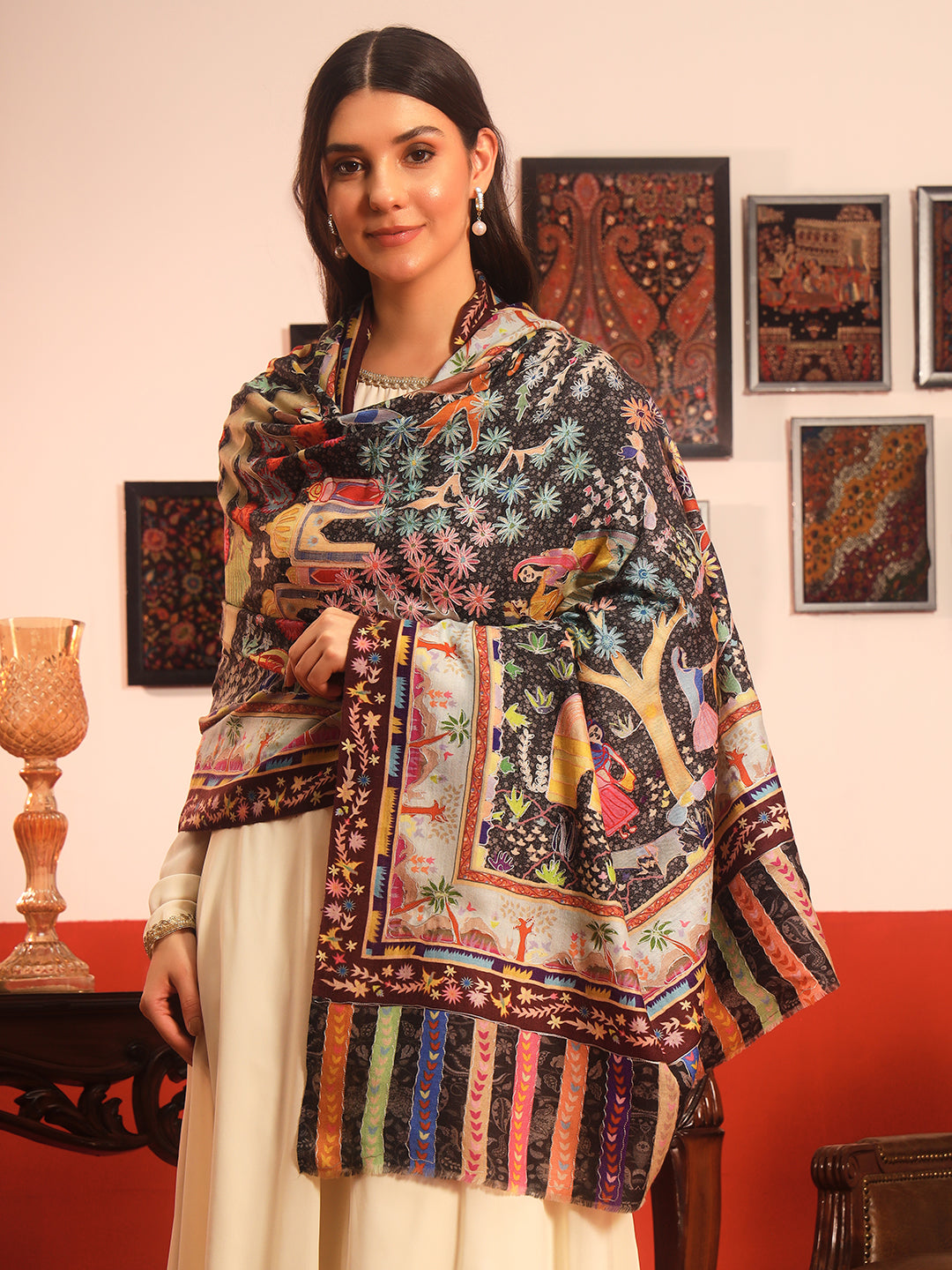 Pashmoda Women Naqshkaar Fabric  Kalamkari Embroidered Shawl (Size: 101x203 CM)