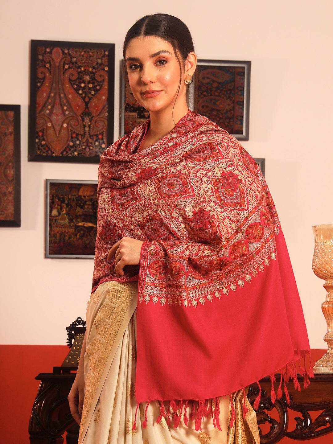 Pashmoda Women Ornate Harmony Fine Wool Nalki Embroidered Stole (Size : 71X203 CM)