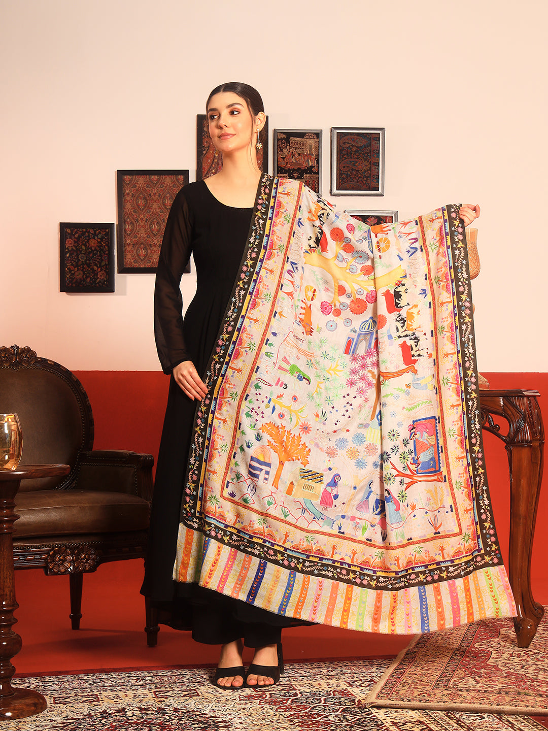 Pashmoda Women Naqshkaar Fabric Kalamkari Embroidered Shawl (Size: 101x203 CM)