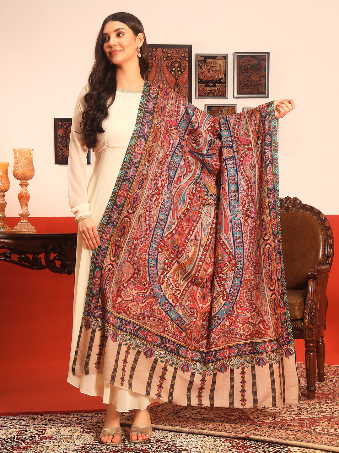 Pashmoda Women Rangrez Rangkalam  100% Pure Wool Fabric Kalamkari Embroidered Shawl (Size:101x203 cm)