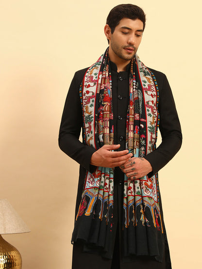 Pashmoda Men Mughal Bagh 100% Pure Wool Fabric Kalamkari Embroidered Shawl (Size: 101x203 CM)