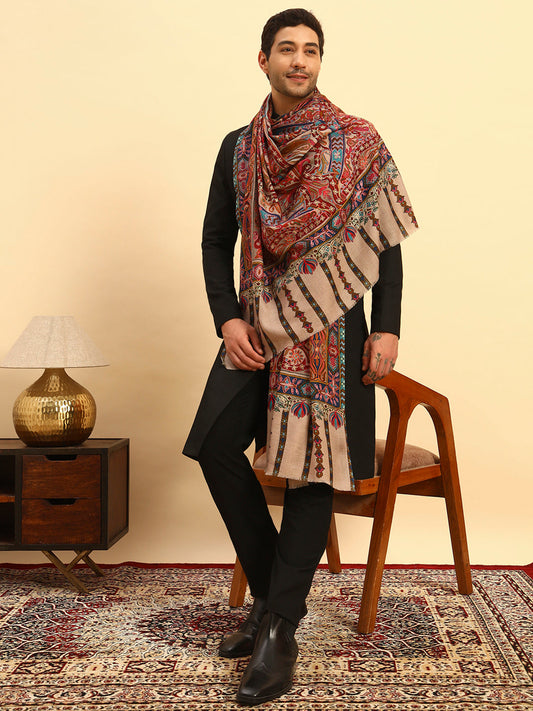 Pashmoda Men Rangrez Rangkalam 100% Pure Wool Fabric Kalamkari Embroidered Shawl (Size: 101x203 CM)