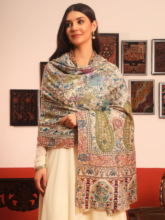 Pashmoda Women Rangkaar Fabric Kalamkari Embroidered Shawl (Size: 101x203 CM)