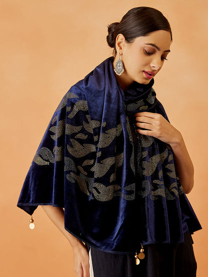Women Mahvash Velvet Swarovski Crystal Work Stole (Size: 71x203 CM)
