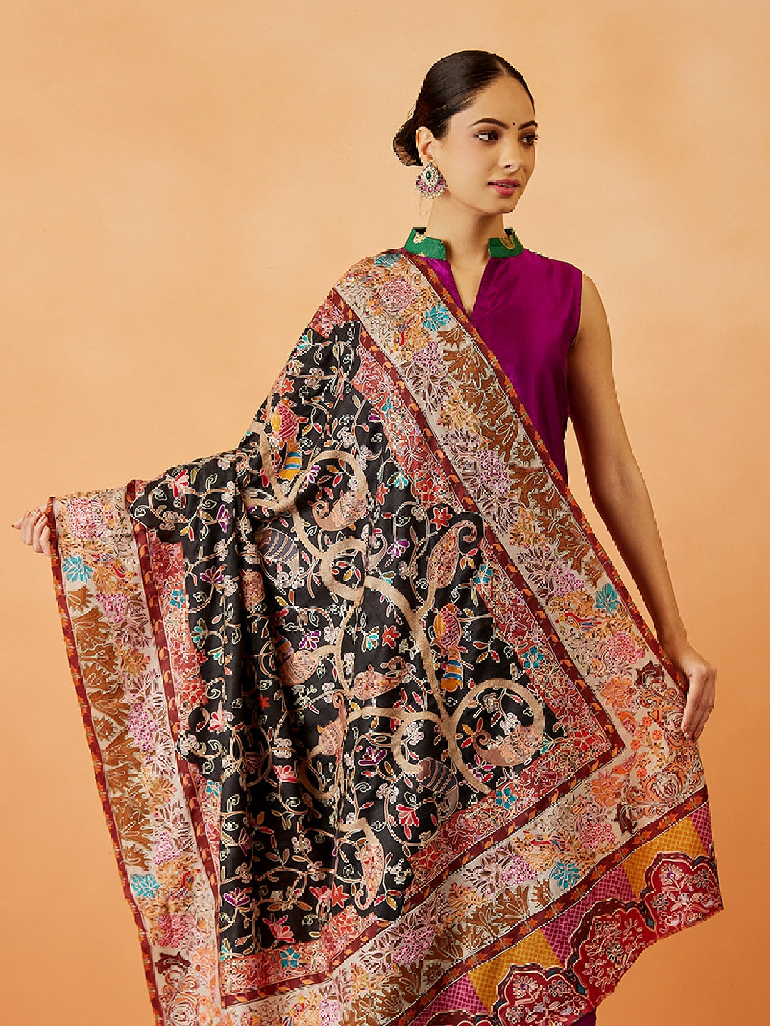Women Bahaar Kalamkari Embroidered Shawl (Size: 101x203 CM)