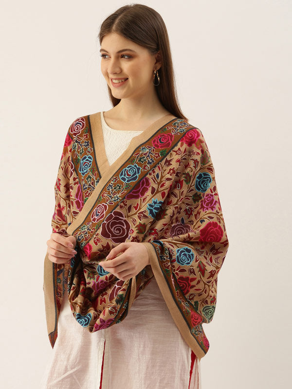Women's Gul-E-Mehar 100% Pure Wool Kalamkari Hand Embroidered Stole (Size : 71X203 CM)