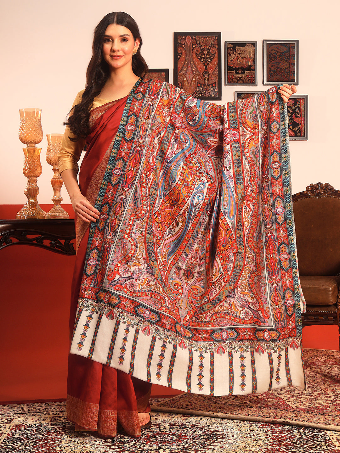 Pashmoda Women Rangrez Rangkalam  100% Pure Wool Fabric Kalamkari Embroidered Shawl (Size:101x203 cm)