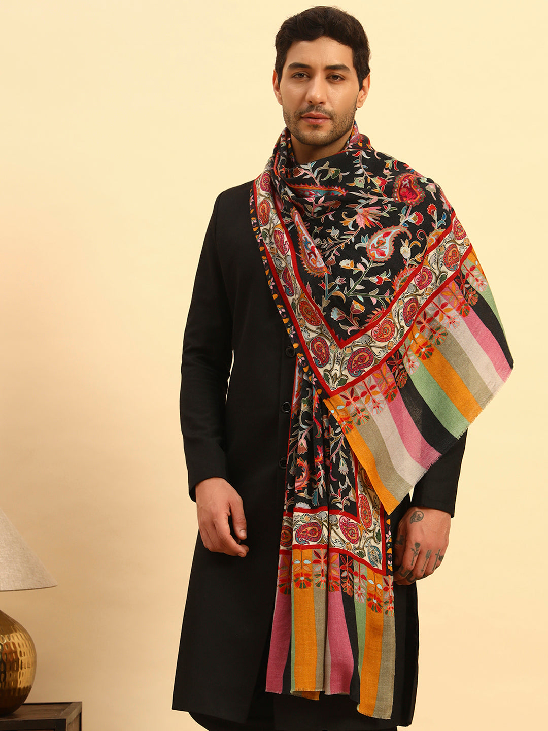 Pashmoda Men Floral Whispers 100% Pure Wool Fabric Kalamkari Embroidered Stole (Size:71x203cm)