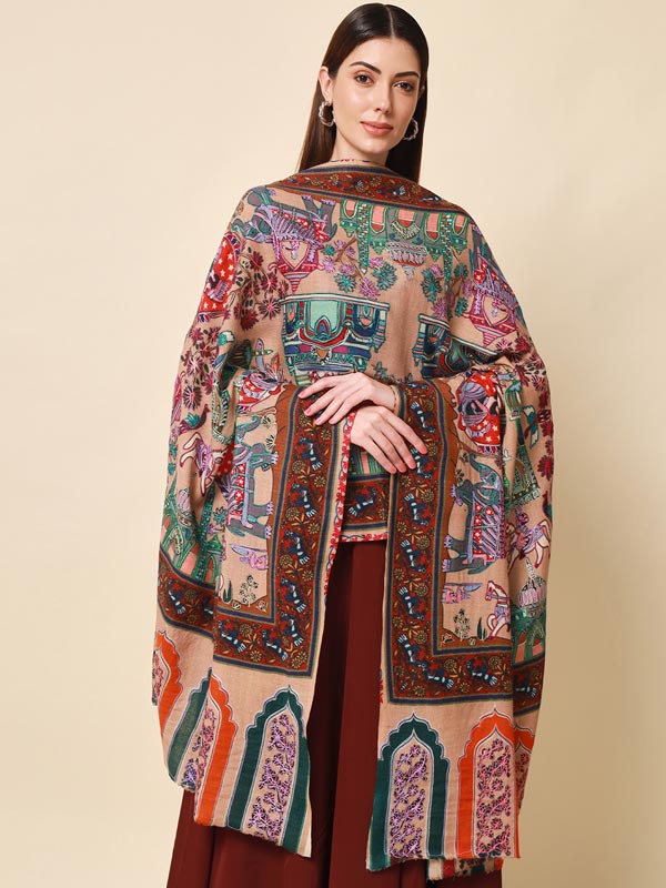 Women's Noor 100% Pure Wool  Kalamkari Hand Embroidered Shawl  (Size: 101 X 203 Cms)