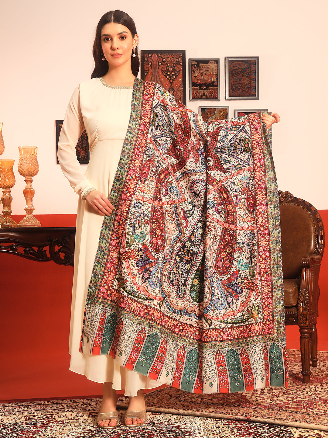 Pashmoda Women Naqshkaar Fabric Kalamkari Embroidered Shawl (Size: 101x203 CM)