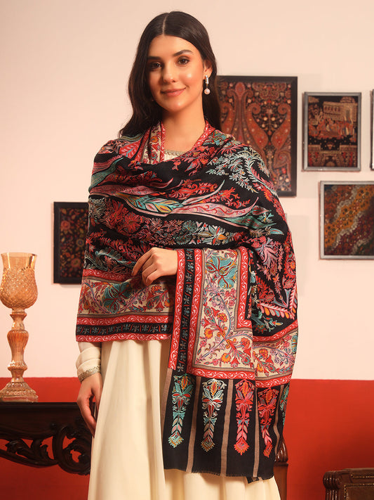 Pashmoda Women Rangkalam  100% Pure Wool Fabric Kalamkari Embroidered Shawl (Size: 101x203 CM)