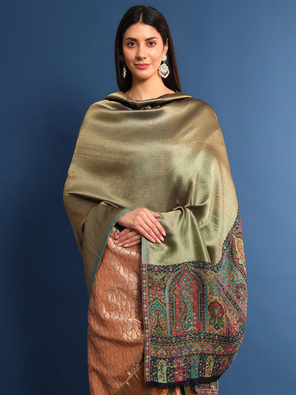Pashmoda Women Mehroom Zari Kaani Border Fine Wool Shawl (Size 40X80 Inches)