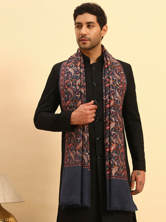 Pashmoda Men 100% Pure Wool Sozni Hand Embroidered Stole (Size-71x203cm)