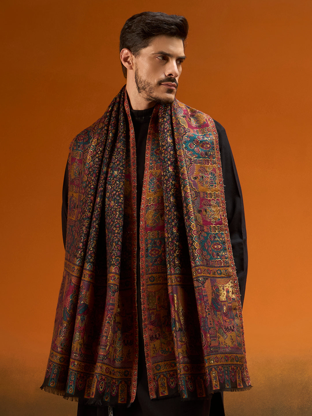 Men Persian Court Fine Wool Kaani Stole (Size: 71 × 203 cm)