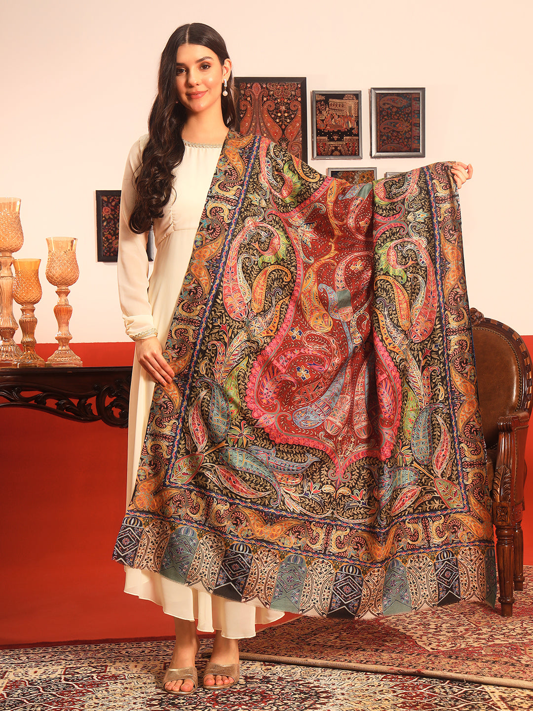 Pashmoda Women Daastaan Fabric Kalamkari Embroidered Shawl (Size: 101x203 CM)