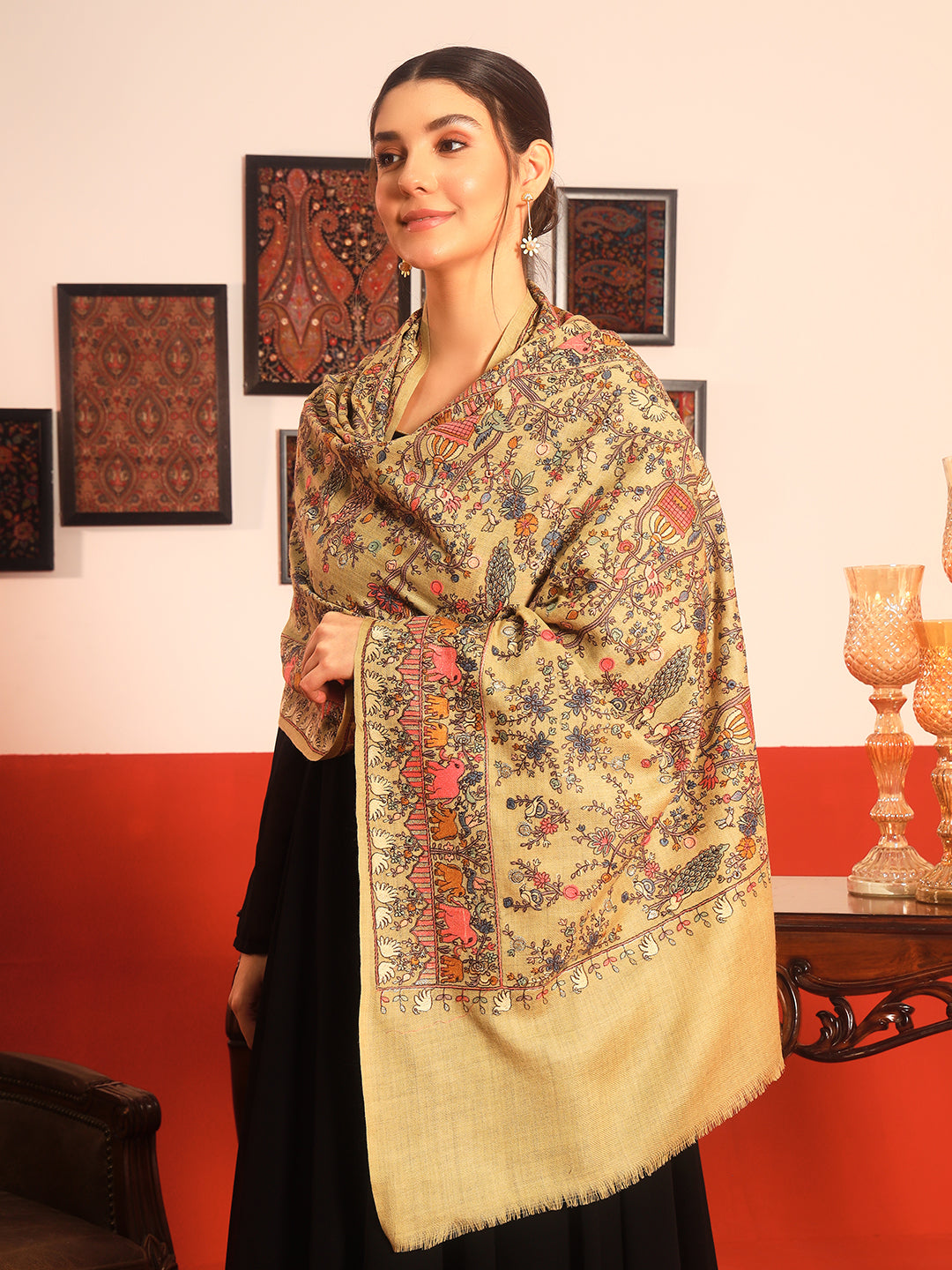 Pashmoda Women Naqsh 100% Pure Wool Sozni Hand Embroidered Stole (Size: 71x203cm)