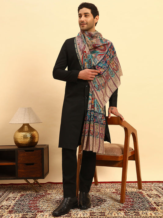 Pashmoda Men Saahtaar 100% Pure Wool Fabric Kalamkari Embroidered Stole (Size:71x203cm)