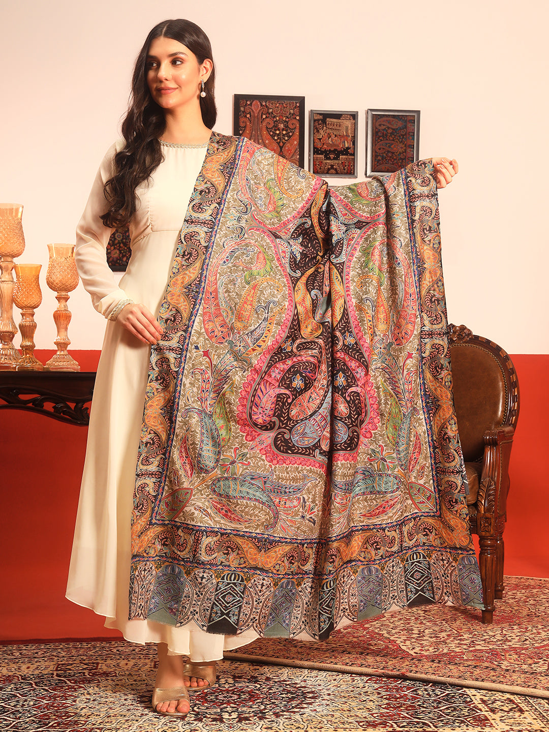 Pashmoda Women Rangmehal  Fabric Kalamkari Embroidered Shawl (Size: 101x203 CM)