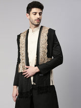 Men Zarbaft Aari Embroidered Stole (Size : 71X203 CM, Black Color)
