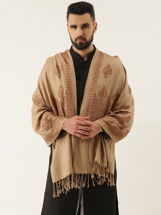 Menƒ??s Shalimaar Kashmiri Embroidery Stole ,Size 71X203 CM, Beige Color