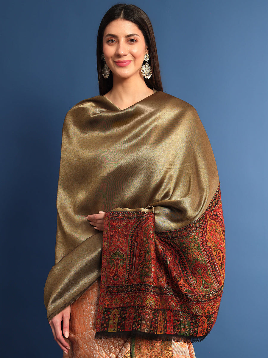 Pashmoda Women Mehroom Zari Kaani Border Fine Wool Shawl (Size 101 × 203 cm)