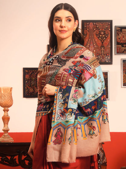 Pashmoda Women Mughal Bagh 100% Pure Wool Fabric Kalamkari Embroidered Shawl (Size: 101x203cm)