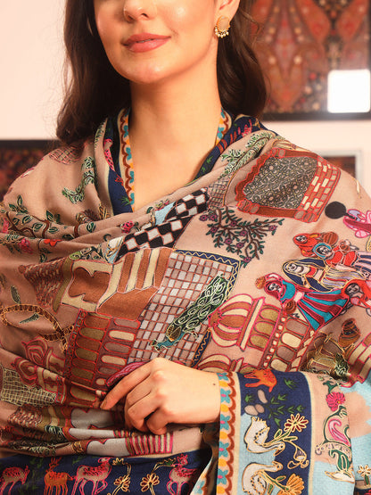 Pashmoda Women Mughal Bagh 100% Pure Wool Fabric Kalamkari Embroidered Shawl (Size: 101x203cm)