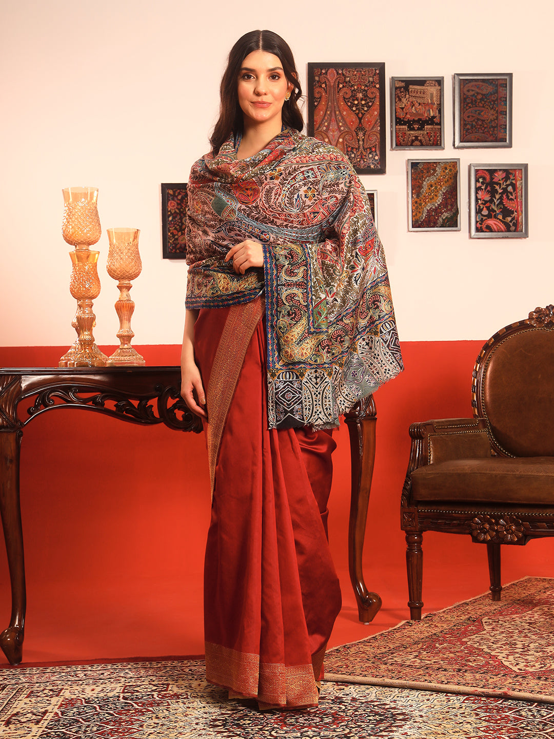 Pashmoda Women Rangmehal Fabric Kalamkari Embroidered Shawl (Size: 101x203 CM)