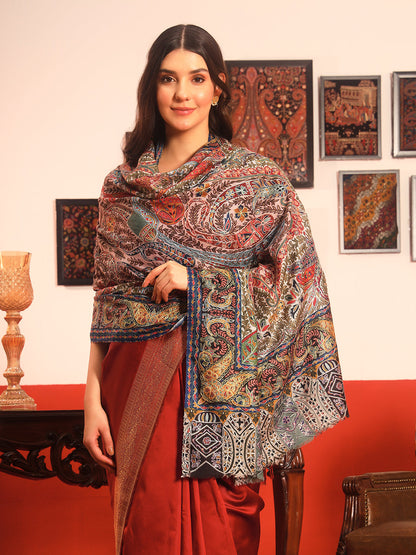 Pashmoda Women Rangmehal Fabric Kalamkari Embroidered Shawl (Size: 101x203 CM)
