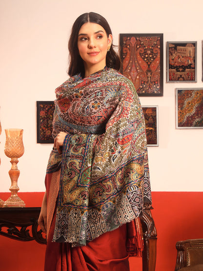Pashmoda Women Rangmehal Fabric Kalamkari Embroidered Shawl (Size: 101x203 CM)