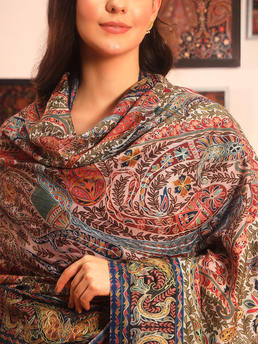 Pashmoda Women Rangmehal Fabric Kalamkari Embroidered Shawl (Size: 101x203 CM)