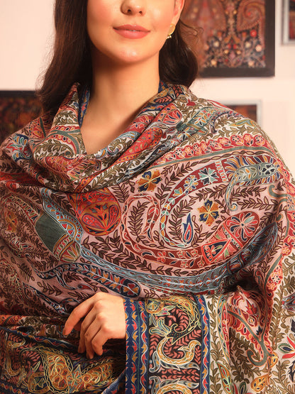 Pashmoda Women Rangmehal Fabric Kalamkari Embroidered Shawl (Size: 101x203 CM)