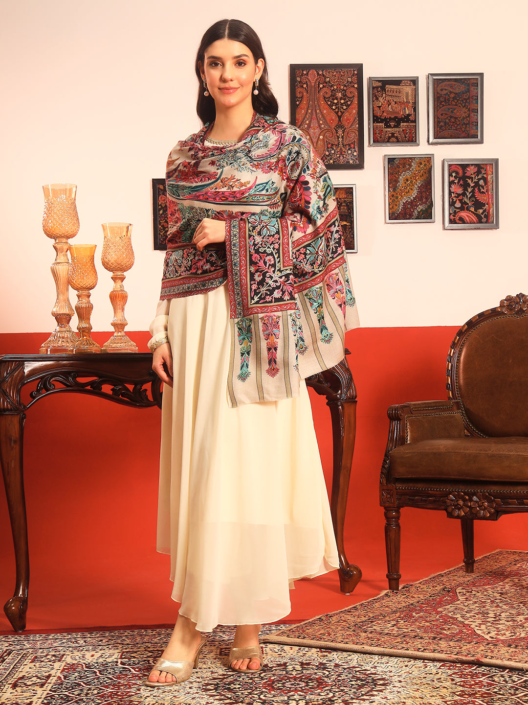 Pashmoda Women Rangkalam  100% Pure Wool Fabric Kalamkari Embroidered Shawl (Size: 101x203 CM)